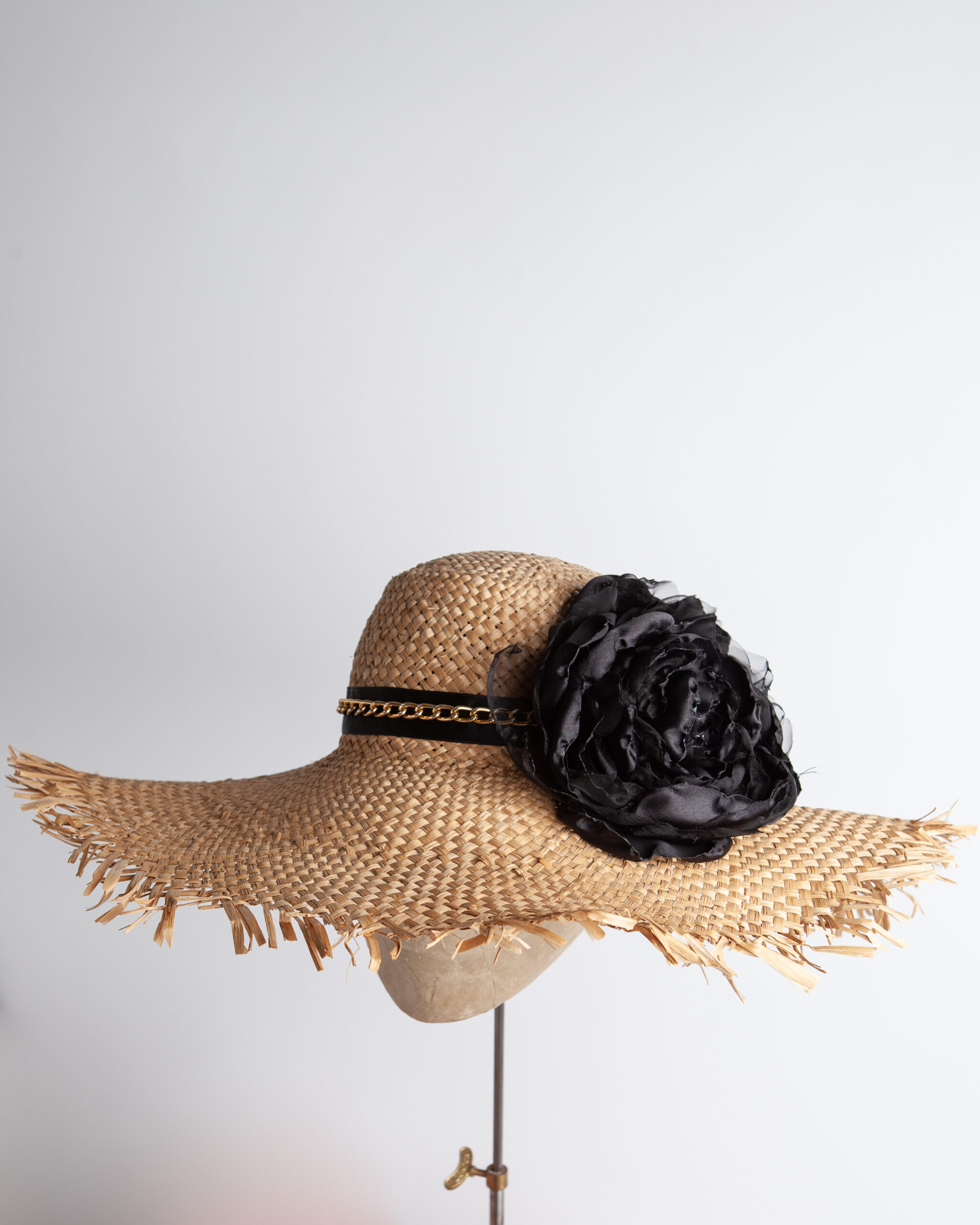 Natural Frayed Floppy Straw Hat with Black Band